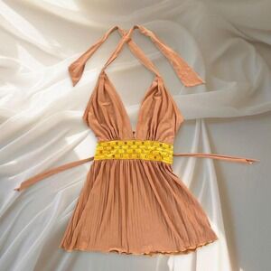 Y2K papertag Orange and yellow halter babydoll top with tieback
